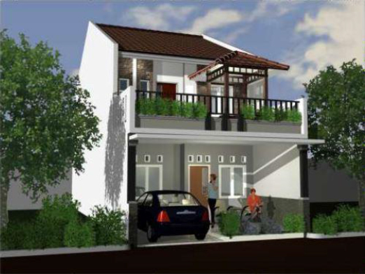 Render desain rumah dua lantai dengan teras atap berpergola kayu dan carport di depan