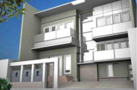 Render fasad rumah tinggal bertingkat di Cengkareng dengan balkon dan pintu rolling di lantai dasar