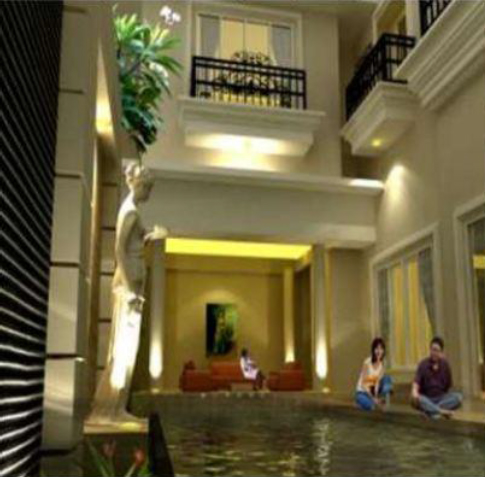 Render ruang utama rumah di Kelapa Gading dengan kolam dalam ruang dan void dua lantai