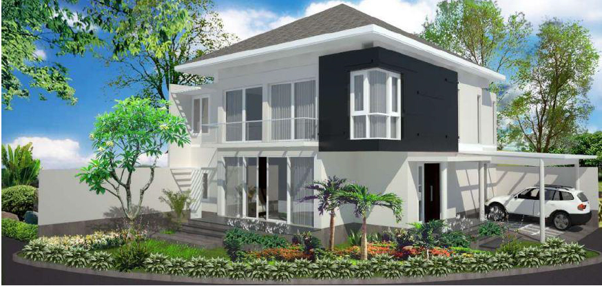 Render desain rumah tinggal di Tajur, Bogor, lengkap dengan taman depan dan carport